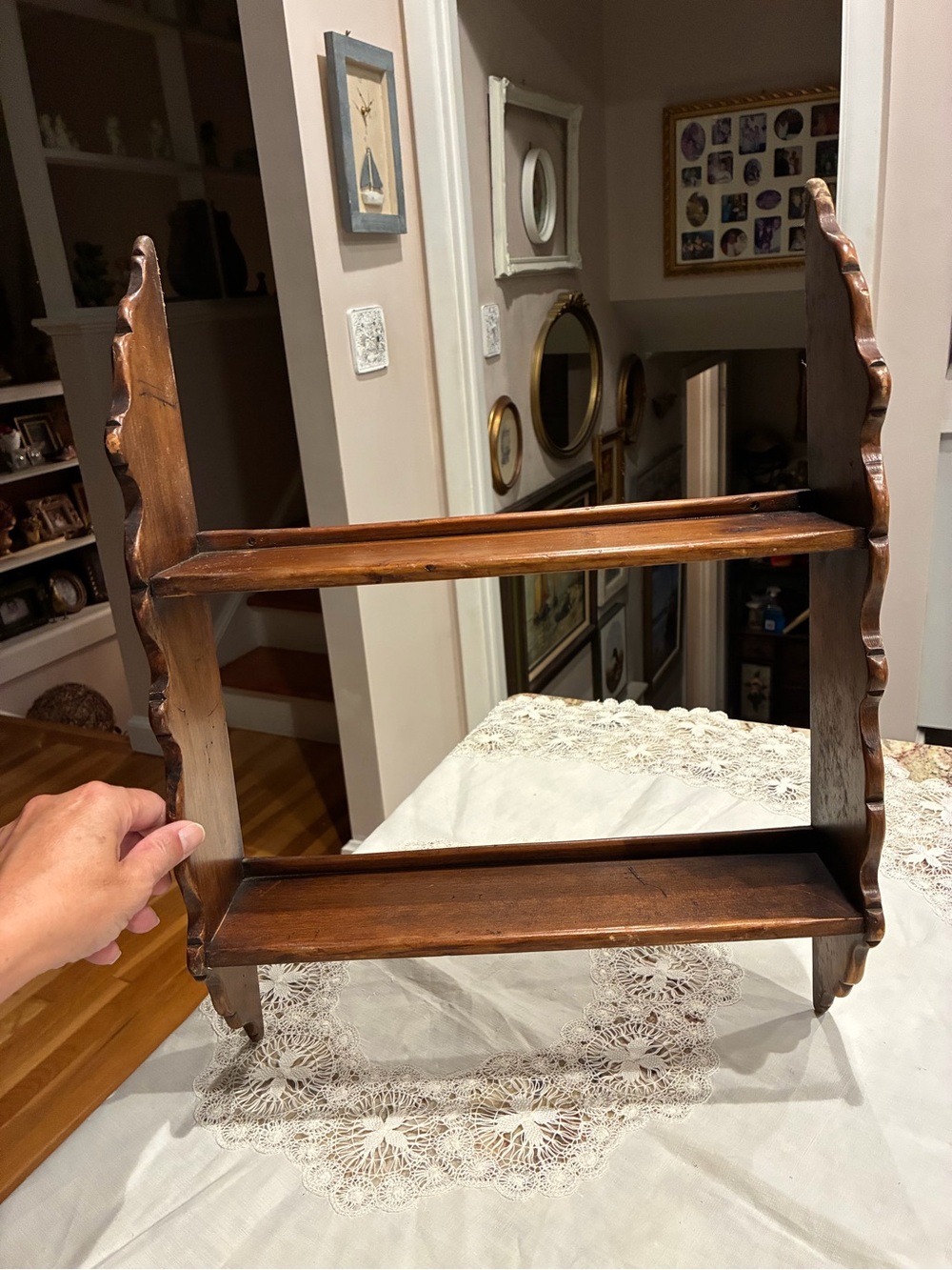 vintage two-tier wooden hanging wall shelf with scalloped side panels